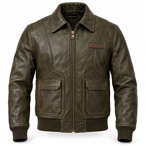 Chaqueta de Aviador A2 de Cuero Vacuno Auténtico para Hombre, Color Verde, Estilo Vintage, con Ribete Acanalado, Fabricación Personalizada, Venta al Por Mayor - Product Image 1