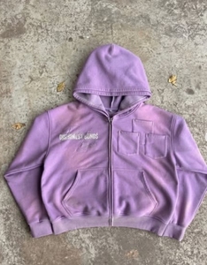Sudadera con capucha unisex morada de felpa francesa con cremallera, estilo oversize, informal, de color liso, con bolsillos, para otoño, de poliéster. - Product Image 6