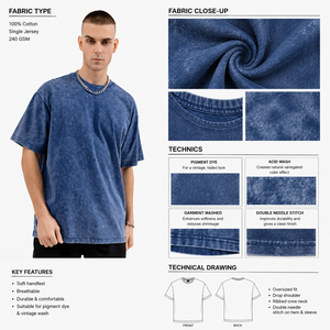 Camiseta de algodón azul vintage de corte oversize para hombre, estilo streetwear retro con hombros caídos, lavado ácido, estilo de moda de EE. UU. y Reino Unido - Product Image 4