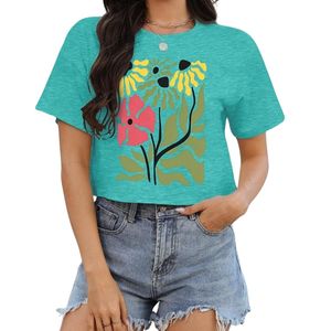 T-shirt personnalisé moderne vert sarcelle à motif floral, prix usine, en pur coton jersey léger, col rond, manches courtes, respirant, coupe courte - Product Image 1