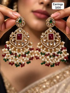 Boucles d'oreilles pendantes ethniques en laiton Kundan, motif floral, avec perles et cristaux, bijoux pour mariage et fête - Product Image 6