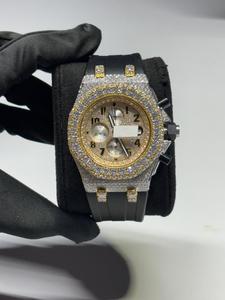 Excellent Quality Stainless Steel Band Round Cut Moissanite Quartz Watch Glass Dial Mixed Scale Display Black Number Dial - Product Image 1
