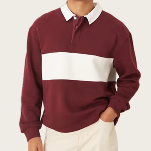 Chemises polo de rugby pour hommes à motif uni personnalisé, 100% coton, tissu tricoté, manches longues, style décontracté, coupe régulière - Product Image 1