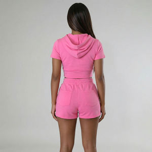 Conjunto de Dos Piezas para Mujer, Top Corto con Capucha de Manga Corta Rosa Sólido y Pantalones Cortos con Cordón, Ropa al por Mayor OEM ODM - Product Image 2