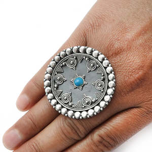 Ethnic Tribal <b>Silver</b> Jewelry <b>Adjustable</b> Vintage Boho <b>Ring</b> Comes With Single Round Cut Turquoise Gemstone In 925 Sterling <b>Silver</b> - Product Image 4