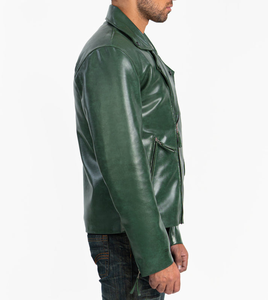 Men's <b>Vintage</b> Green Leather <b>Jacket</b> Cafe <b>Racer</b> Biker Coat Windproof Solid Color Streetwear Outerwear - Product Image 2