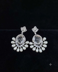 Cushion Cut Gemstone American <b>Diamond</b> <b>Earrings</b> Silver & Rhodium Plated Faux <b>Pearl</b> Fringe <b>Earrings</b> Party Wear <b>Earrings</b> Wholesaler - Product Image 4
