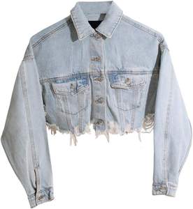 Women's Cropped Denim Jacket with Button-up Long Sleeves Ripped and Distressed Design Frayed Autumn/Winter - Product Image 5