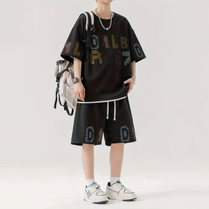 Conjunto de Camiseta y Pantalones Cortos de Algodón 100% Personalizados al por Mayor, Estilo Urbano, de Secado Rápido, Transpirable, con Hombros Caídos y Estampado Puff Oversize - Product Image 5