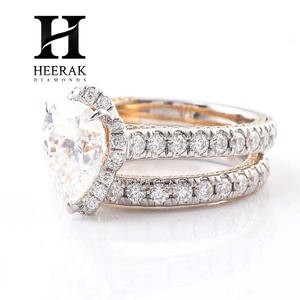Anillo de compromiso de lujo con diamantes en forma de pera, conjunto de dos piezas, oro blanco, banda pavé con gran diamante redondo para mujer - Product Image 2