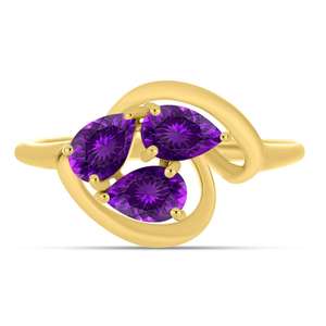Bague en or massif 14 carats à trois pierres, avec améthyste naturelle taille poire et motif tourbillon, pour la vente en gros de bijoux fins - Fournisseur pour commandes en gros - Product Image 1