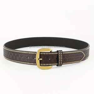 New Ethnic Style Retro Carved Floral Embossed Western Leather Tooling <b>Belt</b> for Men with Brass Buckle and Rivet <b>Studs</b> - Product Image 6
