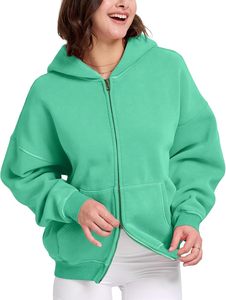 Sudadera con capucha de punto para mujer, informal, con cremallera, a la moda, deportiva, holgada, de manga larga, color verde claro - Product Image 3