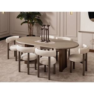 Juego de Comedor Moderno Japandi de Madera de Teca Sólida Color Crema, 6 Sillas, Mesa Ovalada, Muebles Contemporáneos para Cocina de Casa o Villa - Product Image 1