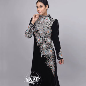 Robe Abaya Kaftan importée en velours, ornée de cristaux et de perles, unie, longue jusqu'au sol, à manches longues, modeste, simple, 100% polyester, coupe trapèze - Product Image 1