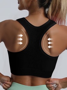 Women's Seamless Racerback Sports Bra | <b>Mesh</b> Back Ventilation Workout <b>Crop</b> <b>Top</b> | Nylon Spandex Padded Gym Bra Solid Black - Product Image 2