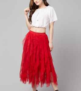 Red Tulle Maxi Skirt | Layered Mesh Ruffle Skirt | Elegant Tiered Party Wear Long Skirt for Women Red Frill Mesh Skirt - Product Image 2