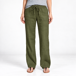 Deep Green Linen Casual <b>Trousers</b> Women Loose Fit Drawstring Flat Front Harem ODM <b>Summer</b> High Waist Breathable - Product Image 1