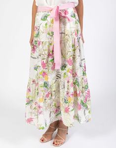 กระโปรงทรงเอวสูงชายกระโปรงบานใหญ่สำหรับผู้หญิง ลายพิมพ์สวยงาม ดีไซน์เป็นชั้นๆ ทันสมัย ความยาวปานกลาง พร้อมสายผูกสีชมพูแบบถอดได้ - Product Image 1