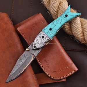 Couteau pliant UA Supplies en acier Damas de haute qualité, pointe tombante de 0,5 mm d'épaisseur, avec bouton de pouce, EDC, pour la survie et la chasse - Product Image 6