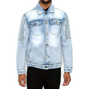 Veste en jean slim bleu clair déchirée pour homme avec détails côtelés aux manches – Vêtements en gros - Product Image 1