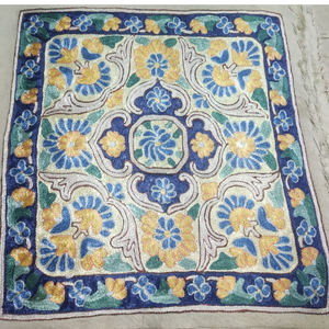 Premium Square Hand Embroidered Cushion <b>Cover</b> Floral Pattern Cotton Linen Vintage Style Blue & Yellow Home Hotel Cafe Decor - Product Image 1