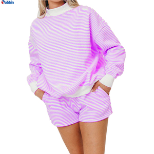 <b>Top</b> Trending Hot Selling Women's Pink Striped 2Pcs Shorts Set <b>Mock</b> <b>Neck</b> Long Sleeve Knitted Casual Loose Fit Spring Summer - Product Image 6