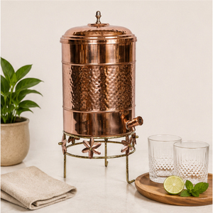 Distributeur d'eau en cuivre pur avec support et robinet, réservoir d'eau ayurvédique martelé artisanal pour la maison et le bureau, pot de stockage d'eau - Product Image 6
