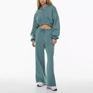 Conjunto Deportivo con Capucha para Mujer, Color Sólido, Manga Larga, Corte Holgado, Cintura con Cordón, Ropa Casual de Otoño, Material de Algodón Transpirable - Product Image 1