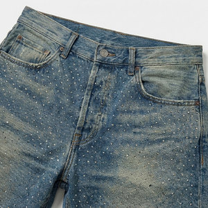 Shorts en jean personnalisés pour hommes 100% coton, coupe ample, avec strass en cristal, ourlet brut, style rétro vieilli, streetwear, hip-hop, été, décontracté - Product Image 4
