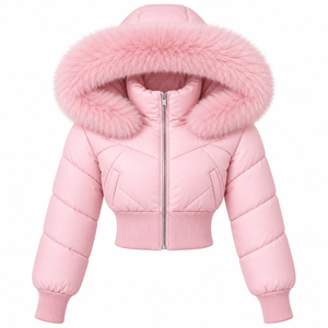 Chaqueta acolchada rosa personalizada para hombre con capucha, ribete de piel, cremallera, corte corto, acolchado grueso, transpirable, para invierno, con logo frontal - Product Image 1