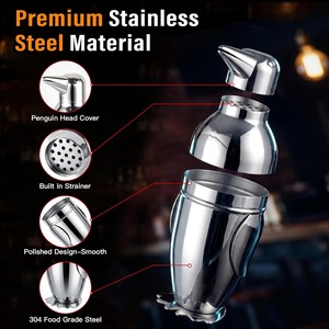Shaker à cocktails fantaisie en forme de pingouin, fabriqué en métal poli avec un passoire intégré pour une mixologie et des soirées impeccables - Product Image 5