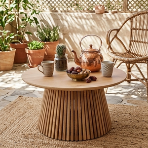 Table basse ronde en teck massif, artisanale et moderne, avec base à lattes, écologique, pour salon, fabricant en gros - Product Image 6
