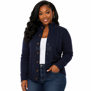 HMR Sisterhood Sorority Acrylic <b>Navy</b> Knitted <b>Cardigan</b> Long Sleeve Turtleneck Button Front Casual Solid Color Autumn Wear - Product Image 1