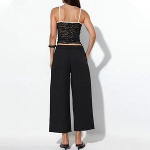Pantalon plissé décontracté d'été en crêpe uni avec fermeture boutonnée pour femme, noir, coupe large, taille haute, longueur cheville, coupe ample - Product Image 2