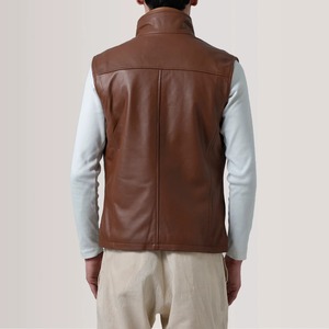 Gilet en cuir véritable marron pour homme, col montant, fermeture éclair, vêtement d'extérieur décontracté pour l'automne - Product Image 2