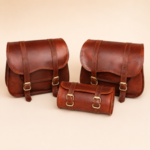 Brown Leather Motorcycle Saddle Bag Set Vintage Bike Side Pannier Tool Bag with Buckle Straps for Touring Ride - Product Image 1