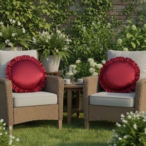 Premium <b>Round</b> Red Satin Pillow Cover with Designer Ruffled Border Frill Edges <b>Cushion</b> for Modern Home Interiors Customisable - Product Image 1