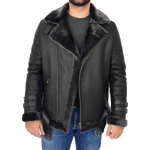 <b>Aviator</b> Shearling Leather <b>Jacket</b> High Quality Real Sheepskin Black Winter Windproof Thick Eco-Friendly Best Selling for <b>Men</b> - Product Image 1