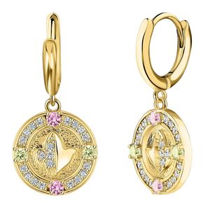 Boucles d'oreilles pendantes en cristal rond or rose vert avec motif feuille en relief et détail pierre scintillante, bijoux fantaisie pour femme - Product Image 1