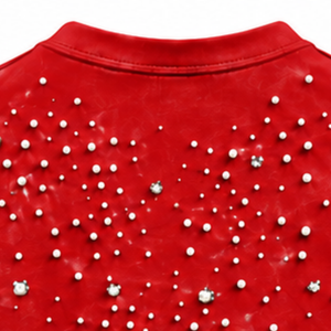T-shirt unisexe rouge vif orné de perles, tendance, à manches courtes, col rond, avec perles décoratives, pour un style décontracté. - Product Image 4