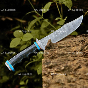 Cuchillo de caza de hoja fija de acero de Damasco de grado industrial UA Supplies, punta caída, OEM, filo recto, mango de cuero apilado, 12 pulgadas - Product Image 4