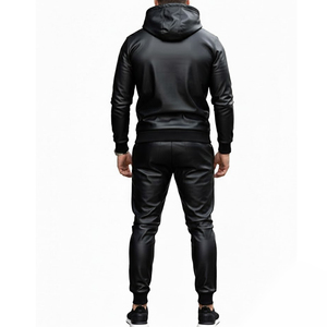 PU Leather Casual Solid Hooded Fleece Lined Windproof Eco-friendly High End Biker Style Tracksuit Set Winter - Product Image 1