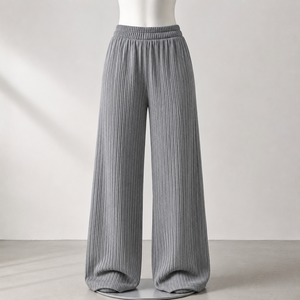 High Waist Wide Leg <b>Pants</b> Knitted Cotton Spandex Elastic Waist Loose Fit Full Length Solid Gray Casual <b>Pants</b> - Product Image 4