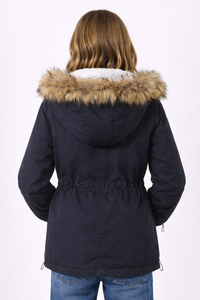 Parka à capuche marine pour filles, manteau d'hiver haut de gamme avec doublure en sherpa doux, capuche en fausse fourrure, taille ajustable avec cordon de serrage - Product Image 3