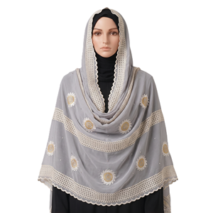 Écharpe légère et respirante en voile de coton pour femme, brodée tournesol, avec panneau en dentelle ajourée, personnalisable OEM ODM - Product Image 1