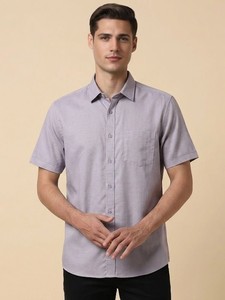 Men's Light Grey Short Sleeve Cotton Poplin Casual Shirt Turn-<b>down</b> Collar Solid Color Breathable Summer Wear - Product Image 1