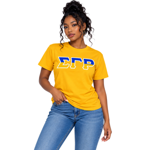 Sigma Gamma Rho Gold T Shirt Blue <b>White</b> Greek Letter Print Short Sleeve Crew Neck Greek Sorority Apparel Classic Casual <b>Top</b> - Product Image 1