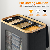 Panier à linge de grande capacité 160L avec couvercle, panier à linge à 3 compartiments, fenêtre de ventilation, sac intérieur amovible, cadre en bambou pliable