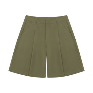 Pantalones Cortos Unisex de Sarga 100% Algodón, Estilo Vacacional, Pierna Ancha, Plisados, Color Oliva, Colección Verano 2026 - Product Image 4